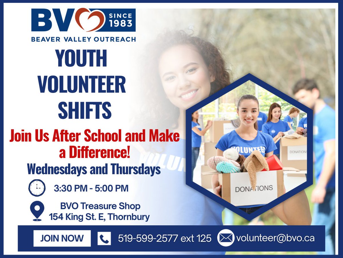 bvocanada's tweet image. Ready to give back and gain new skills? BVO’s Youth Volunteer Shift Program lets you volunteer after school, learn, and have fun while helping your community. Chat with your parents and sign up today!
#BVO #youth #volunteers #thornbury