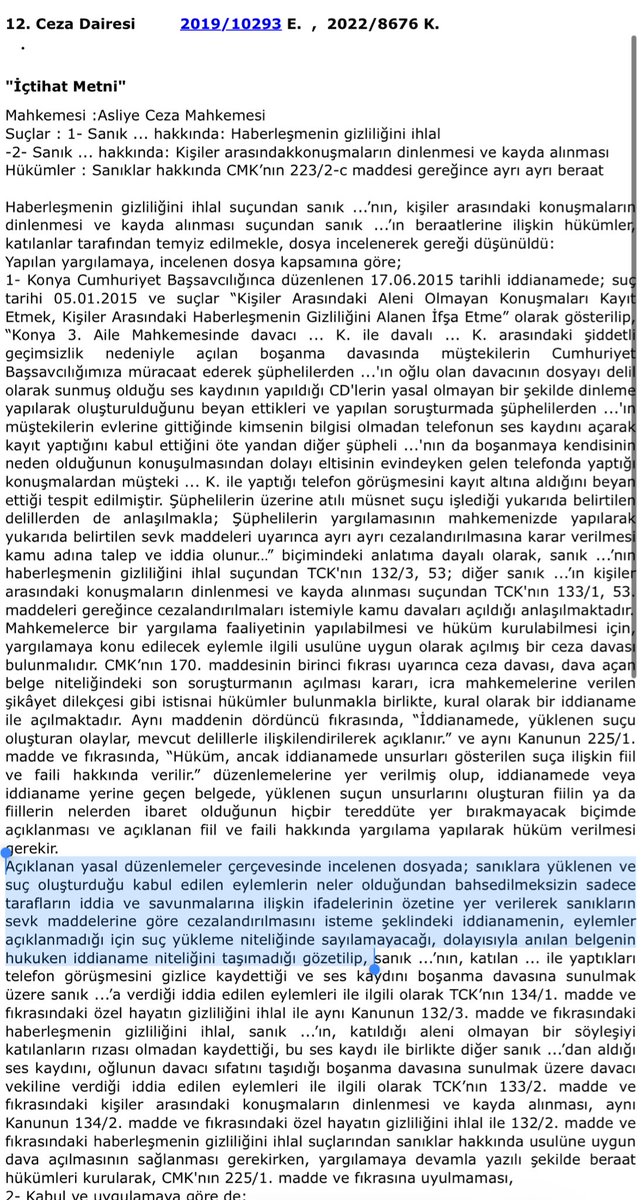AvBedirhanSim's tweet photo. Sanıklara yüklenen ve suç oluşturduğu kabul edilen eylemlerin neler olduğundan bahsedilmeksizin sadece tarafların iddia ve savunmalarına ilişkin ifadelerinin özetine yer verilerek sanıkların sevk maddelerine göre cezalandırılmasını isteme şeklindeki iddianamenin, eylemler açıklanmadığı için suç yükleme niteliğinde sayılamayacağı, dolayısıyla anılan belgenin hukuken iddianame niteliğini taşımadığına ilişkin Yargıtay 12. Ceza Dairesinin 16.11.2022 tarihli ve 2019/10293 E., 2022/8676 K. sayılı kararı;