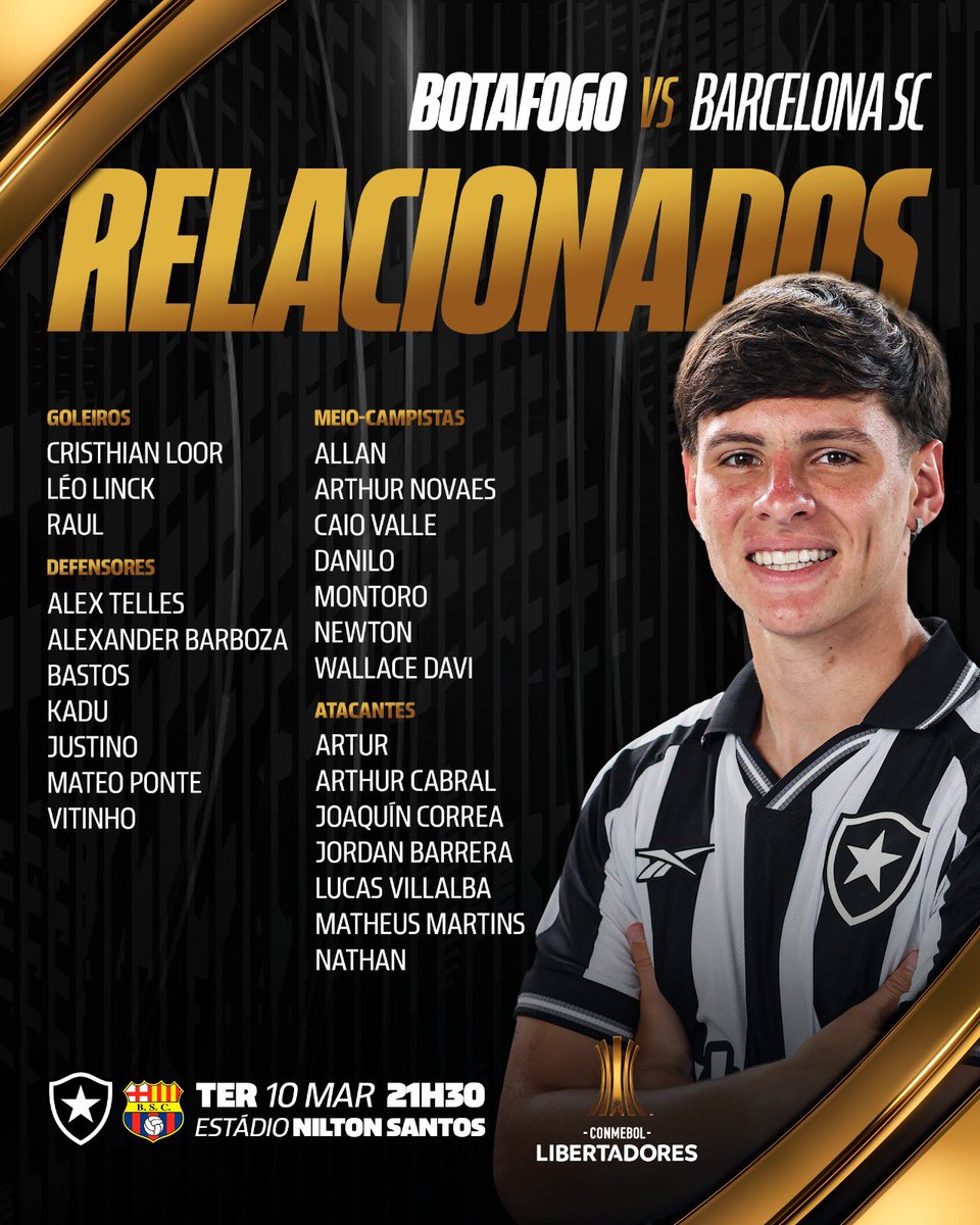 Atletas relacionados para a decisão contra o Barcelona de Guayaquil, às 21h30, no Nilton Santos. 📄🌎 #VamosBOTAFOGO