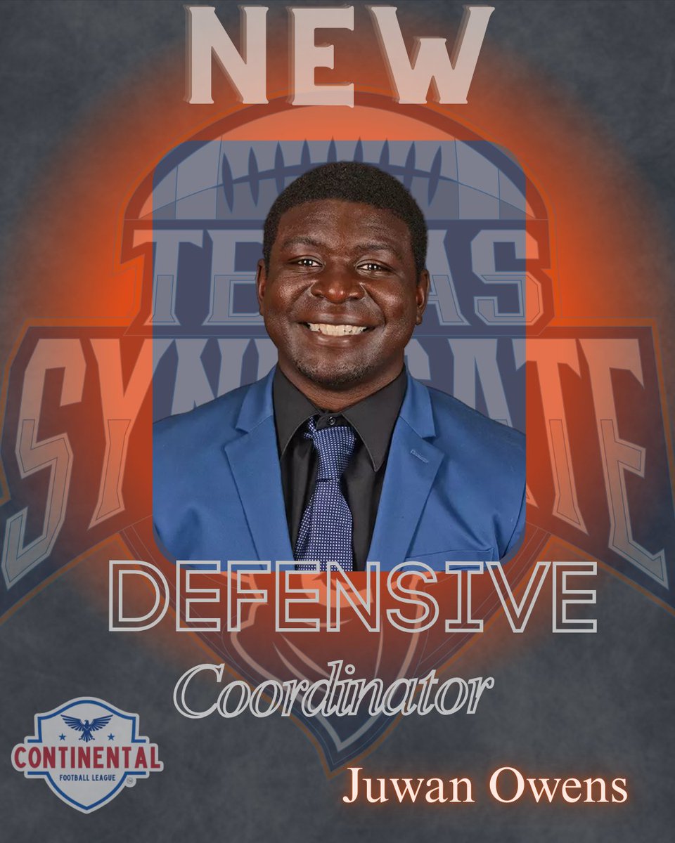 🛡️ WELCOME TO THE SYNDICATE 🛡️

The Texas Syndicate proudly welcomes Coach Juwan Owens as our Defensive Coordinator.

Coach Owens brings experience from the college and high school levels, including coaching at Morehead State University, Gardner-Webb, Dakota College at Bottineau,