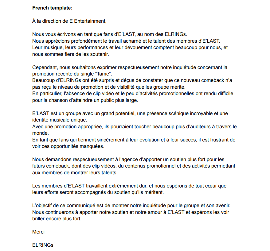 ELASTFrance_fan's tweet photo. 📧║ EMAIL TEMPLATE   

➥ Email template regarding recent E'LAST comeback with Tame Single
Our dear E'LAST deserve better visibility and support from Eent !

https://t.co/H7FoUvKfe5

 #엘라스트 #ELAST 
 ━━━ ©@ELASTofficial
🇫🇷 ELASTFrance #🐧 https://t.co/6FgorSor1i