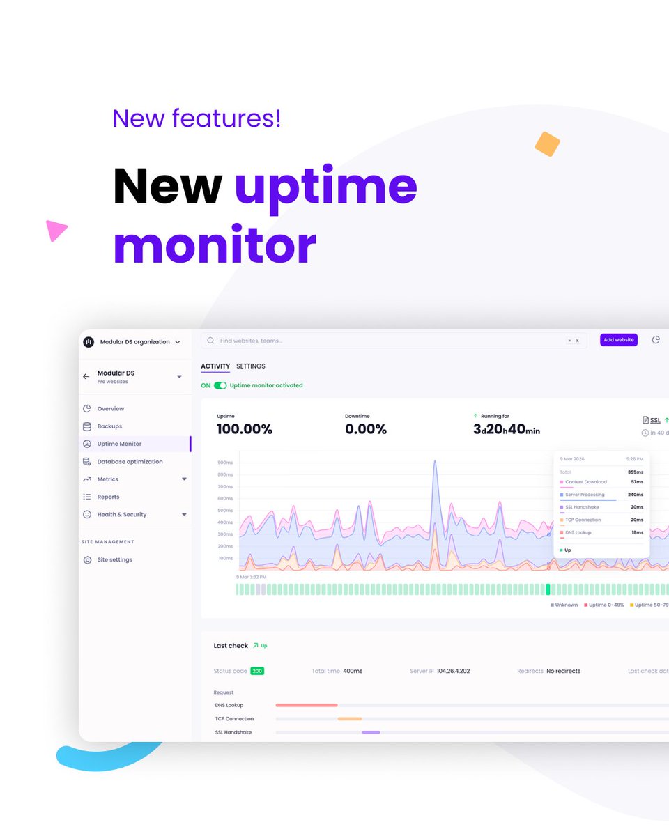 Say hello to our new Uptime Monitor! 🚀

Now with even better downtime detection, detailed check logs, real-time uptime stats, and many other improvements.

So you have more context into what's happening across your #WordPress sites and can spot any issues quickly 🧵