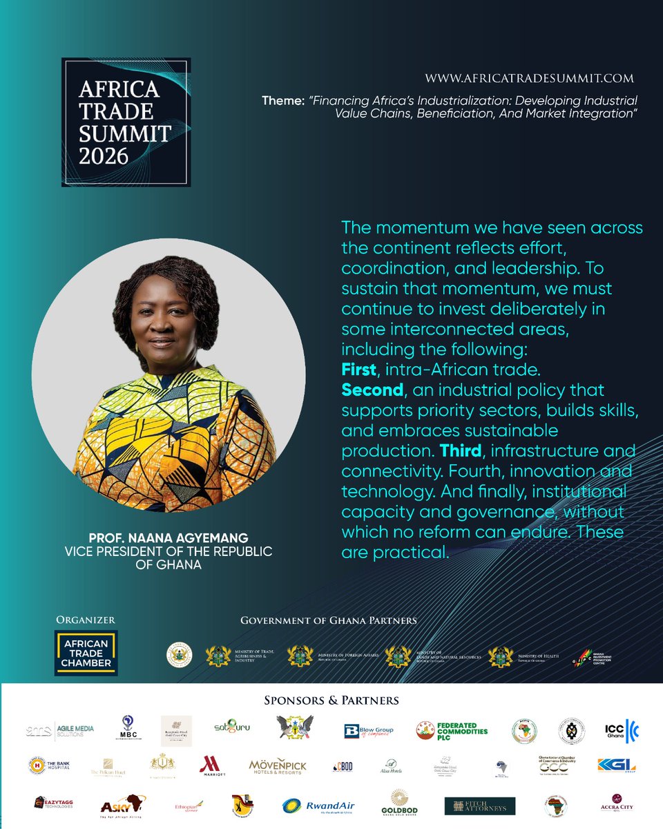 AT__Summit's tweet photo. At the Africa Trade Summit 2026, Vice President of the Republic of Ghana, Prof. Jane Naana Opoku-Agyemang highlighted various areas and sectors that need to be tackled.

#AfricaTradeSummit2026 https://t.co/rPKJzxWfRr
