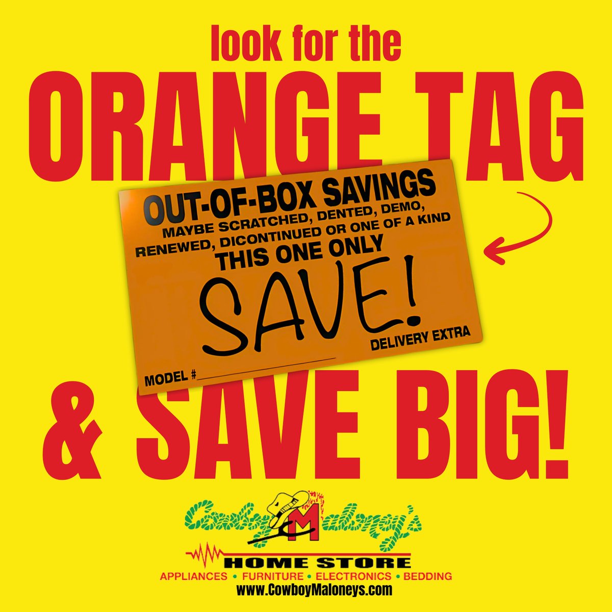 CowboyMaloneyMS's tweet image. Out of your price range? Not anymore!

Orange tags = real savings on appliances, furniture, electronics, and more 💸 Stop by your nearest Cowboy Maloney's and look for the orange tag to SAVE!

#HomeStore #HomeUpgrade #ShopLocal #HomeEssentials #NewAppliances #GreatDeals #Savings