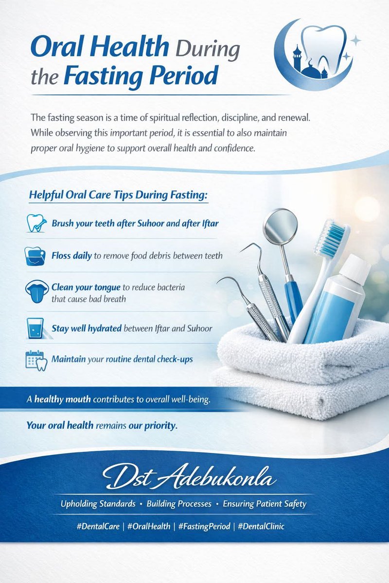fmcepe2026's tweet photo. The fasting season is a time of spiritual reflection, disciple, and renewal. While observing this important period, it is essential to also maintain proper oral hygiene to support overall health and confidence.

@fmcepe @WHO https://t.co/4VcSziNNci