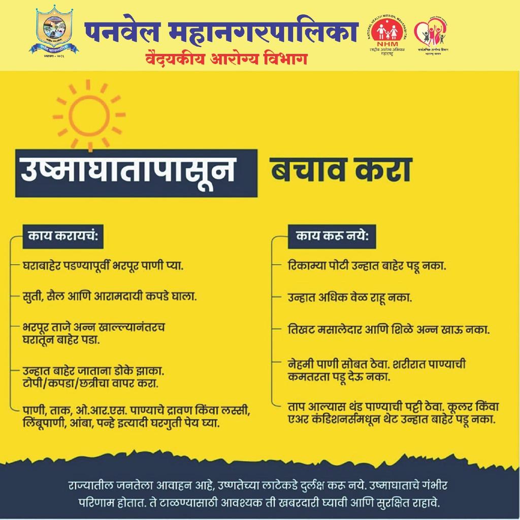 PanvelCorp's tweet photo. *उन्हाळ्याची तीव्रता वाढू लागल्याने नागरिकांनी आरोग्याची काळजी घ्येण्याचे महापालिकेचे आवाहन*

 उन्हाळ्याची तीव्रता दिवसेंदिवसअधिक वाढू लागली आहे.त्यामुळे  नागरिकांनी आरोग्याची काळजी घ्यावी असे आवाहन महापालिकेच्यावतीने आयुक्त श्री.मंगेश चितळे यांनी केले आहे.

 गेल्या काही दिवसापासून उन्हाची तीव्रता वाढू लागली असल्याने नागरिकांनी  खबरदारी घेणे गरजेचे आहे. येथून पुढील काळात उन्हाळ्याची तीव्रता अधिक वाढणार आहे, त्यामुळे महत्वाच्या कामाशिवाय भर दुपारी उन्हात जाणे नागरिकांनी शक्यतो टाळा��े असे आवाहन मुख्य वैद्यकीय अधिकारी डॉ.आनंद गोसावी यांनी केले आहे.

चौकट
हे करावे
1.जेव्हा शक्य असेल तेव्हा पुरेसे पाणी प्या, तहान लागली नसली तरी��ी थोड्या थोड्यावेळाने पाणी पीत रहावे. प्रवास करताना पिण्याचे पाणी सोबत ठेवावे.

2. ओरल रीहायड्रेशन सोल्यूशन (ORS) वापरा आणि लिंबू पाणी, ताक/लस्सी आणि फळांचे रस यांसारखे घरगुती पेये प्यावे.

3. टरबूज, खरबूज, संत्री, द्राक्षे, अननस, काकडी, कोशिंबिर तसेच स्थानिक उपलब्ध फळे आणि भाज्या यासारखी उच्च पाणी सामग्री असलेली हंगामी फळे आणि भाज्या खाव्यात.

4. पातळ, सैल, सुती आणि शक्यतो हलक्या रंगाचे कपडे घालावे. तुमचे डोके झाकून ठेवा. थेट सूर्यप्रकाशाच्या संपर्कात असताना छत्री, टोपी, टॉवेल आणि इतर पारंपारिक साधनांचा वापरावे.

5.उन्हात बाहेर जाताना शूज किंवा चप्पल घालाव्यात. हवेशीर आणि थंड ठिकाणी जास्त वेळ घालवा.

6. थेट सूर्यप्रकाश आणि उष्णतेच्या लाटा रोखा. दिवसा खिडक्या आणि पडदे बंद ठेवावे, विशेषतः तुमच्या घराच्या सूर्यप्रकाशाच्या बाजूला. थंड हवा येण्यासाठी त्यांना रात्री खिडक्या उघड्या कराव्यात.

7.जर तुम्ही घराबाहेर जात असाल, तर तुमची घराबाहेरील कामे दिवसाच्या सकाळ आणि संध्याकाळ वेळेपर्यंत मर्यादित करावी.दिवसाच्या थंड वेळांमध्ये बाहेरील कामांचे नियोजन करावे.

8. उष्णतेचा ताण आणि उष्णतेशी संबंधित आजाराचा त्रास असलेल्या संवेदनशी�� किंवा जास्त जोखीम असलेल्या लोकांनी अधिक काळजी घ्यावी.

9.  घर थंड ठेवा; पडदे, शटर किंवा सनशेड वापरा आणि रात्री खिडक्या उघडा.

10. शरीर थंड करण्यासाठी पंखा, स्प्रे बाटल्या, ओलसर कापड आणि बर्फाचे टॉवेल वापरावा.
11. पाण्यात पाय बुडवल्याने निर्जलीकरण आणि शरीराची उष्णतेमुळे होणारी अस्वस्थता कमी होऊन जलद थंडावा मिळतो.

'हे' करू नका

1.उन्हात बाहेर पडणे टाळा, विशेषतः दुपारी १२:०० ते ०३:०० दुपारच्या वे��ी बाहेर असताना कठोर परिश्रम टाळा.

2.अनवाणी बाहेर जाऊ नका.

3.अति उष्णवेळेत स्वयंपाक करणे टाळा. स्वयंपाक क्षेत्र पुरेशा प्रमाणात हवा येणासाठी दरवाजे आणि खिडक्या उघड्या ठेवाव्यात.

4.अल्कोहोल, चहा, कॉफी आणि कार्बोनेटेड सॉफ्ट ड्रिंक्स किंवा मोठ्या प्रमाणात साखर असलेले पेय टाळा- कारण यामुळे शरीरातील जास्त पाणी कमी होते किंवा पोटात पेटके येऊ शकतात.

5.उच्च प्रथिनेयुक्त अन्न टाळा आणि शिळे अन्न खाऊ नका.

6.उभ्या केले��्या वाहनांमध्ये लहान मुले किंवा पाळीव प्राणी सोडू नका. वाहनातील तापमान धोकादायक ठरू शकते.
#summerprotection 
#PanvelMuncipalCorporation
#summer