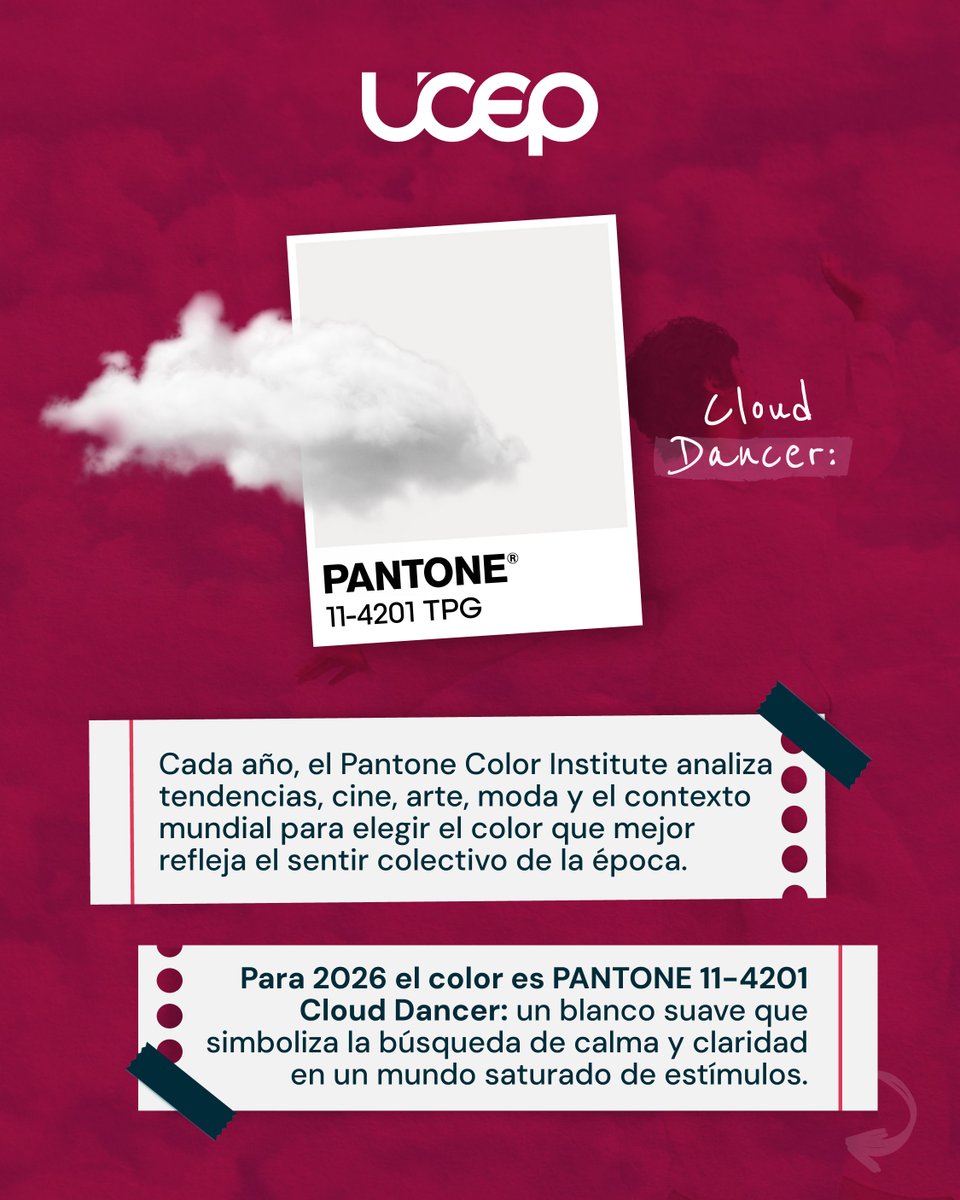 Ucepcol's tweet photo. Para 2026, Pantone eligió Cloud Dancer, un blanco suave y sereno 🤍, porque refleja algo que todos estamos sintiendo: las ganas de pausar, respirar y empezar de nuevo. ¿Cómo pueden las marcas integrar esta tendencia en sus estrategias de comunicación? 🎨

#LaUCEP #Pantone2026 https://t.co/w4LnGL1WTm
