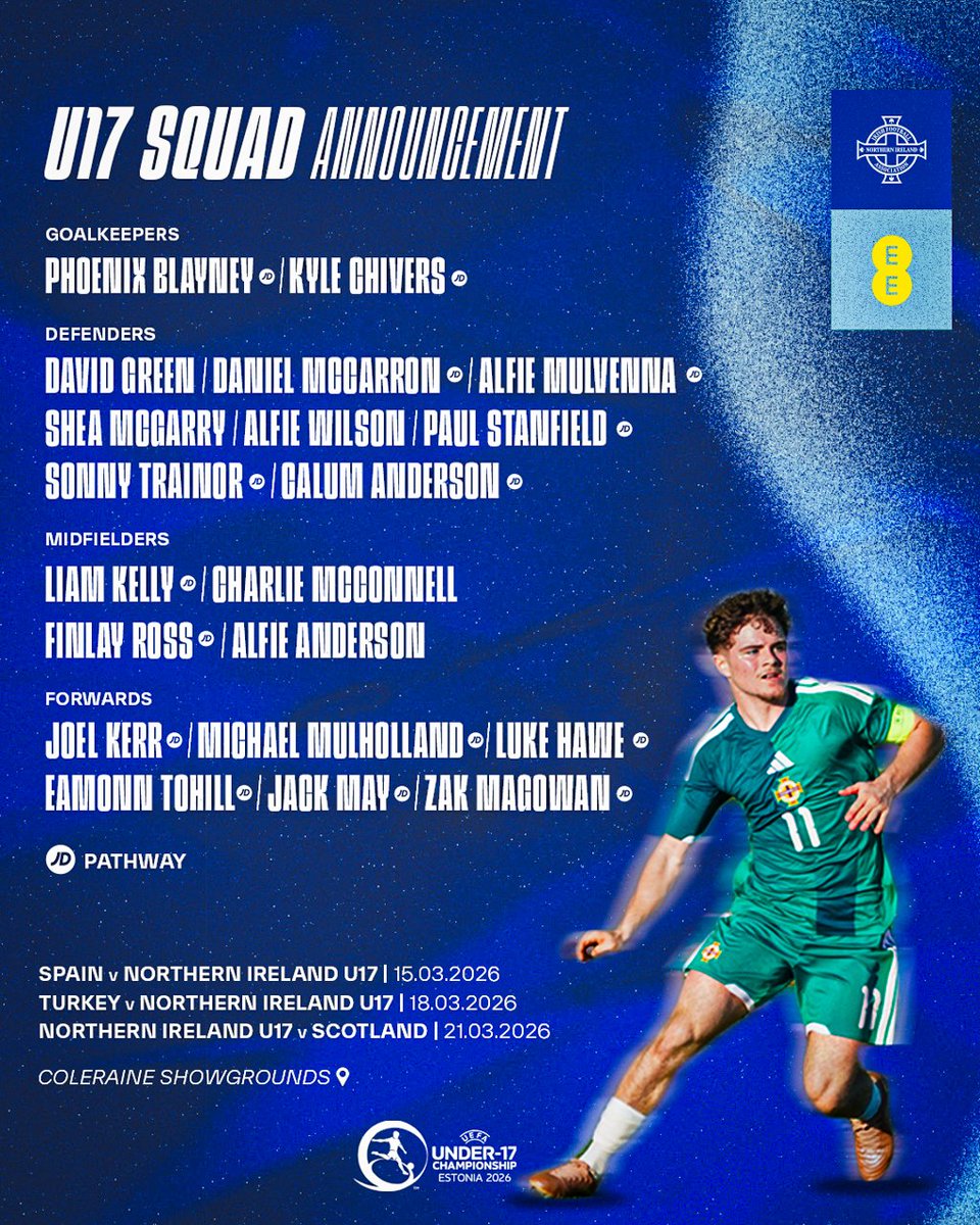 NorthernIreland's tweet photo. 📣 Andy Waterworth has named his squad for the upcoming U17 Euro Round 2 qualifiers to be held at Coleraine Showgrounds ⬇️💚🤍 #GAWA #U17s https://t.co/YEXinieRTM