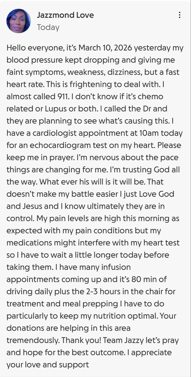 JazzmondL85's tweet image. 🚨 UPDATE 🚨 3/10/26 #Chemo day #48 #Team @JazzmondL85 #Chronicillness #Pain #Lupus #Linkinbio #Prayer 💜💜💜💜