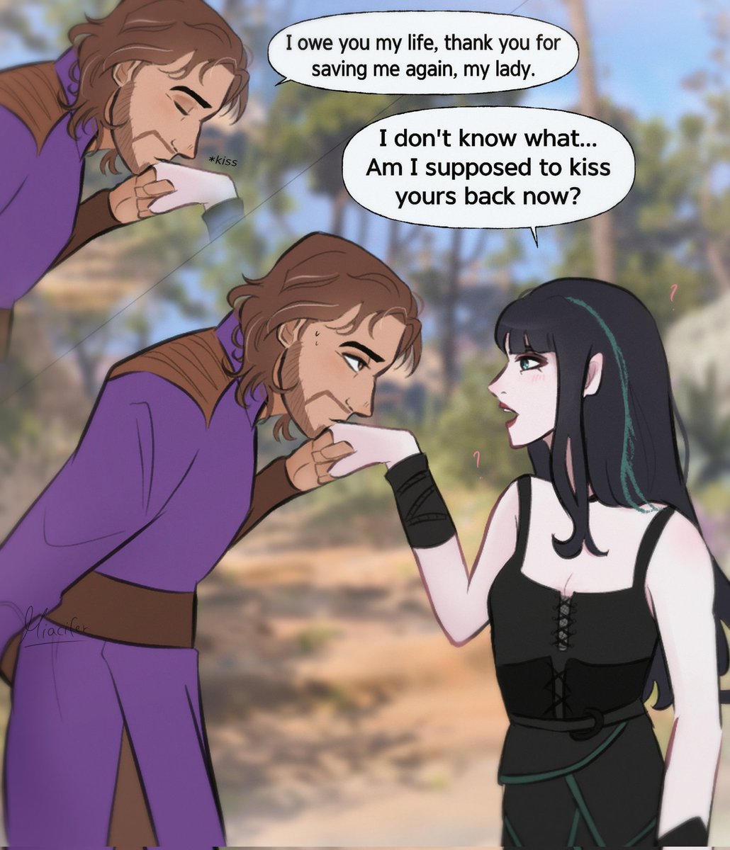 Miacifer's tweet photo. Awkward Wizard meets even more awkward necromancer 💫💀 First panel I was inspired by a fan edited dialogue of a Chainsaw Man manga panel of Asa and Denji that I thought fit Gale and Ravena haha
#bg3 #galedekarios https://t.co/v9TbpPHOK6