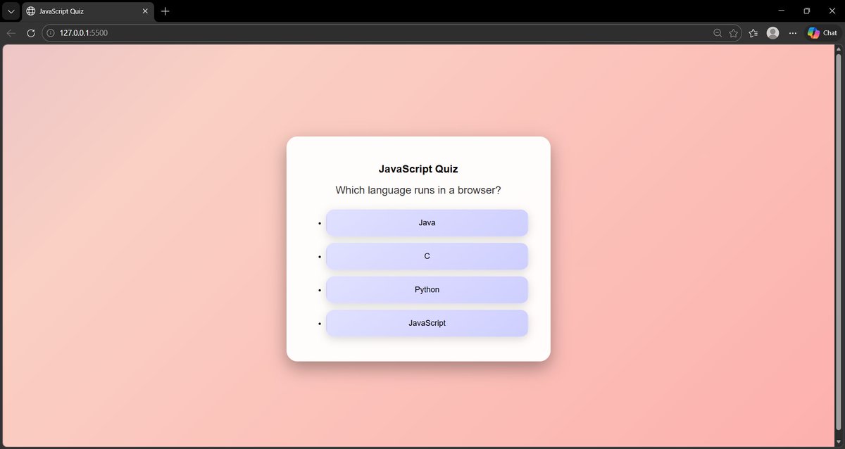 MalhotraSa6586's tweet photo. 🚀 Just built a JavaScript Quiz App!
Test your JS basics with interactive questions, animated feedback, and instant scoring. 💻✨
Check it here: https://t.co/Jwh0o2aM5s
@Hiteshdotcom @piyushgarg_dev @nirudhuuu 
@ChaiCodeHQ @devwithjay @yntpdotme  
#JavaScript #WebDev #QuizApp https://t.co/o955uE6Anu