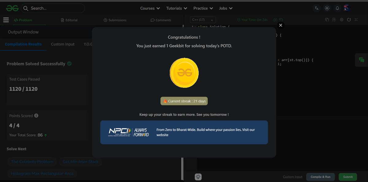 ChikuX22's tweet photo. Day 21 of 60 Days POTD Challenge Powered By NPCI(GFG)

#geekstreak60 #npci
@geeksforgeeks @NPCI_NPCI https://t.co/ybxUetLGfY