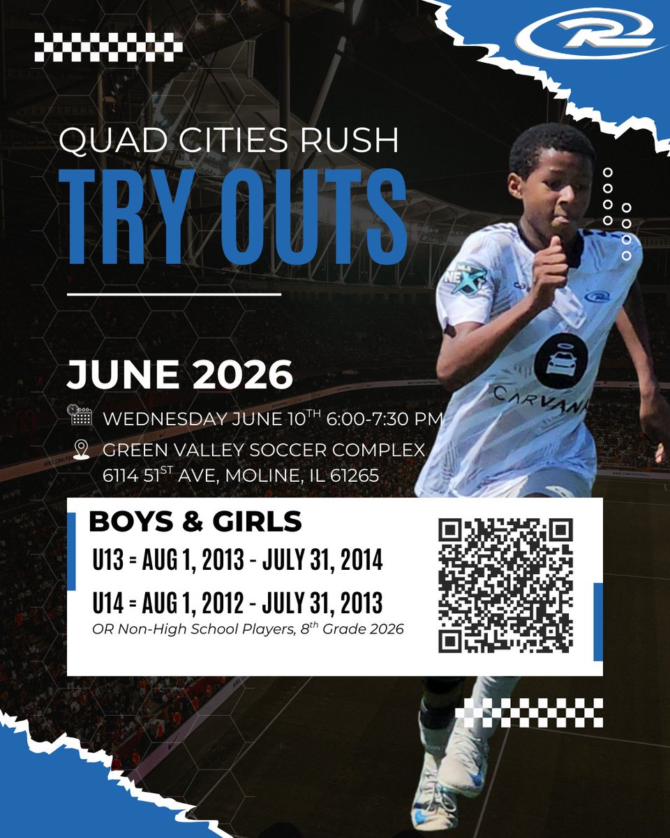 quadcitiesrush's tweet photo. Join us for the 2026–2027 season and take your game to the next level.

Register here 👇
 https://t.co/ol1sO2Hh3E
More info: https://t.co/mRh7ai61cp

Tag a player who should try out! 👇

#QuadCitiesRush #RushSoccer #SoccerTryouts https://t.co/XXBHFo1Gs5