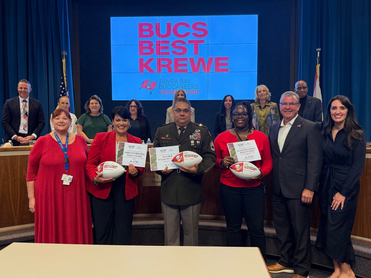 HillsboroughSch's tweet photo. Congratulations to our next round of @Buccaneers Best Krewe Award recipients for the 2025-2026 school year! 🎉

🏈 Rhonda Hernandez, ESE Paraprofessional, Foster Elementary School
🏈 SFC Steven Notto, ROTC Instructor, @ghswarriors
🏈 Raquel Coykendall, Assistant Principal, Kenly Elementary School

They were recognized during tonight's board meeting.

#BucsBestKrewe