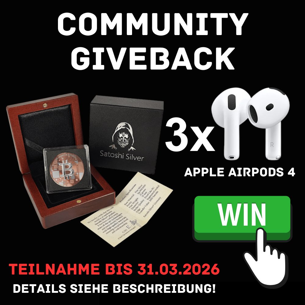 ThomasW49031360's tweet photo. 🎁 REMINDER – GEWINNSPIEL! 🔐🚀Wir verlosen eine Satoshi Silver Münze im Wert von 179,99€ & wahrscheinlich 3x Apple AirPods 4 (je 134 € Wert)! 

Satoshi Silver Münze! 👉 https://t.co/jpvyFPUT1K

🔥 Bonus-Update: Wenn bis zum 31.03.26 noch min. 13 FTDs reinkommen, legen wir 3x Apple AirPods 4 (je 134 € Wert) oben drauf! 

➡️ Das bedeutet: 4 Gewinner statt nur 1!
Jetzt Gas geben & Chance sichern! 🍀

Teilnahme noch möglich bis 31.03.2026!

Zusätzlich kannst du dir den Einzahlungsbonus bei Bybit EU sichern 👇 🎁 50 $ Airdrop (25 $ + 20€ in BTC) nach KYC + min. 100€ Deposit (innerhalb 7 Tage)

Hier geht’s zu allen Infos: https://t.co/3lpMEKb3dN

⚠️ PS: Momentan nehmen 60 Personen teil, bitte nur mitmachen, wenn du den Satoshi Silver Münze oder die AirPods 4 wirklich haben willst!