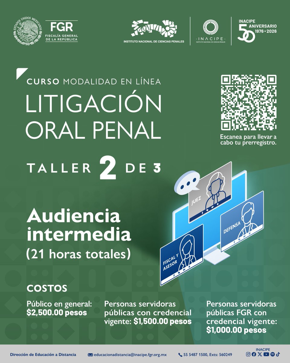 INACIPE's tweet photo. ¿Ya preguntaste por nuestro Curso en Litigación Oral Penal modalidad en línea? 📲 Comenzaremos con el segundo taller en el que podrás aprender todo sobre la "Audiencia intermedia", escanea el código Qr y realiza tu pre registro para recibir toda la información. 🤓 ¡Te esperamos! https://t.co/LzHoongz2P