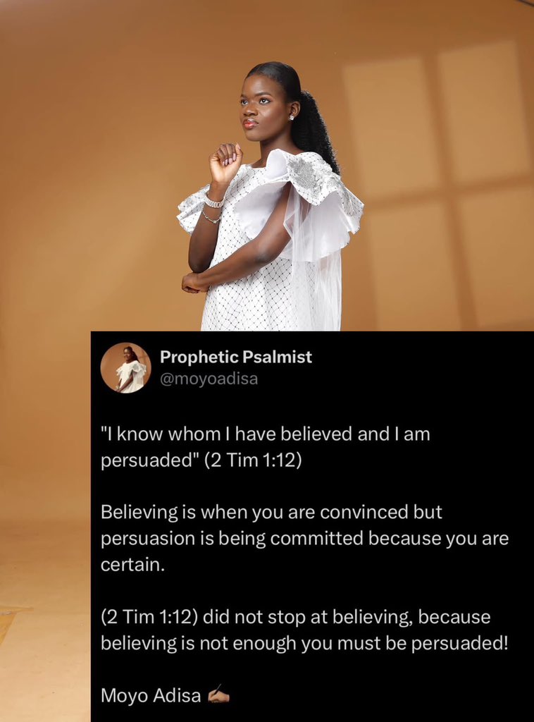 moyoadisa's tweet photo. You can acknowledge God and trust him in principle- that’s believing.
It went deeper by saying persuasion- It’s a settled conviction, a confidence that cannot be shaken by trials, doubts, or external pressures. 

There’s a difference between saying “| believe this bridge will https://t.co/FHQKERlAcg