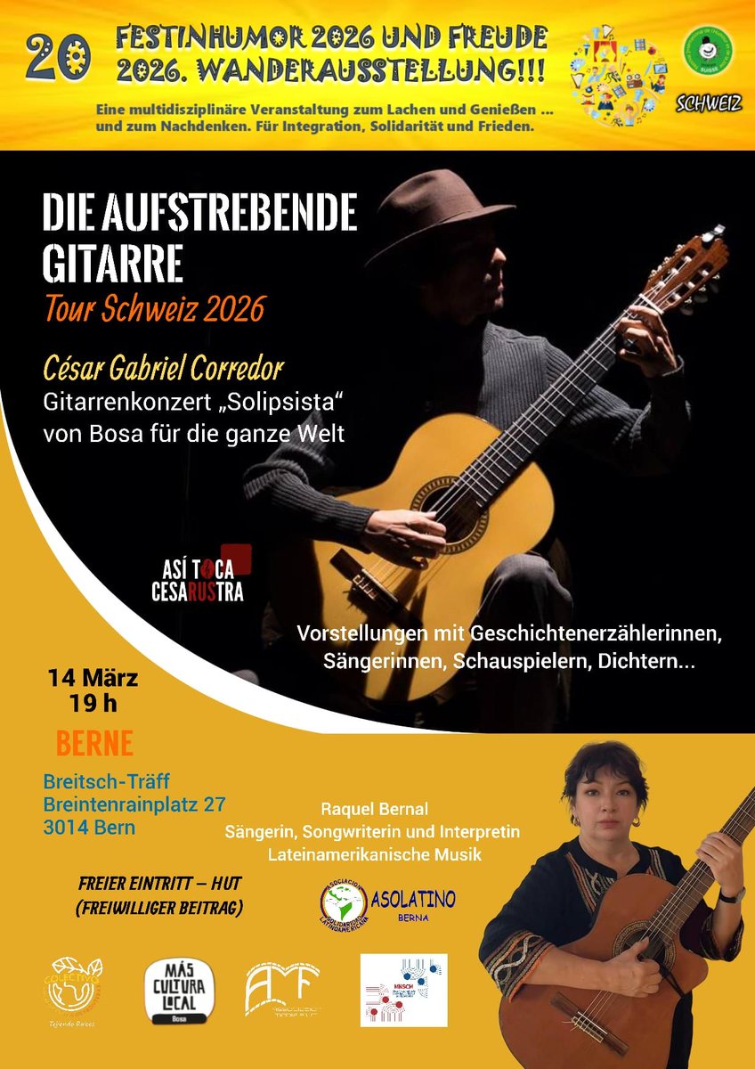 breitschtraeff's tweet photo. Sa., 14. März 2026, 19 Uhr
La Guitarra Emergente – César Gabriel Corredor

Zwischen klassischer Virtuosität und improvisierter Poesie entfaltet  sich eine Reise voller Farbe, Rhythmus und Gefühl.

Eintritt frei – Kollekte willkommen https://t.co/l726GehJW0