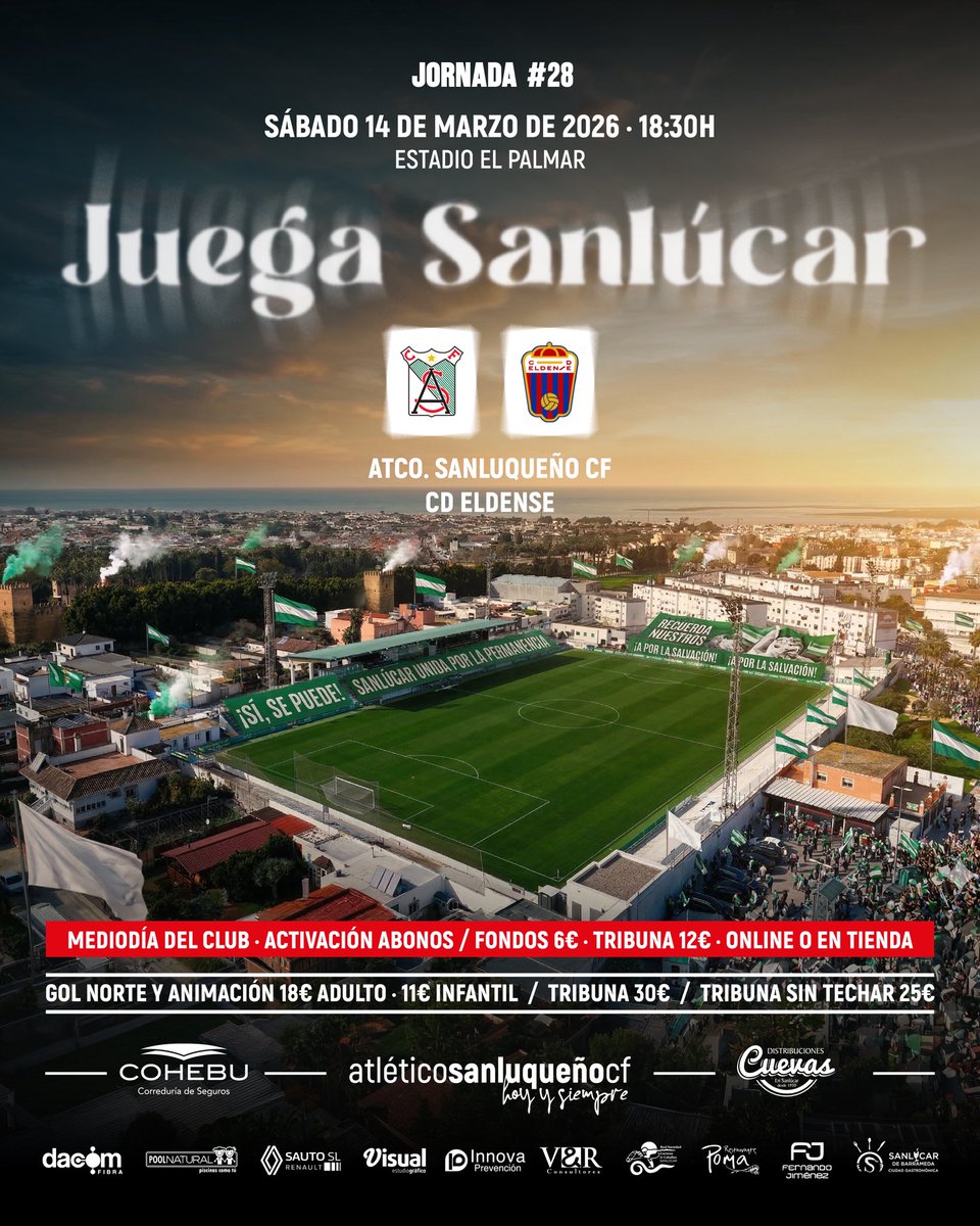 ¡JUEGA SANLÚCAR! - Mediodía del club

Estamos vivos. Queremos seguir en la lucha. Solo vale la victoria.

Juega toda la ciudad. Queremos seguir en Primera RFEF.

Activa tu abono en nuestra web sanluqueno.compralaentrada.com/eventos/ o en la tienda