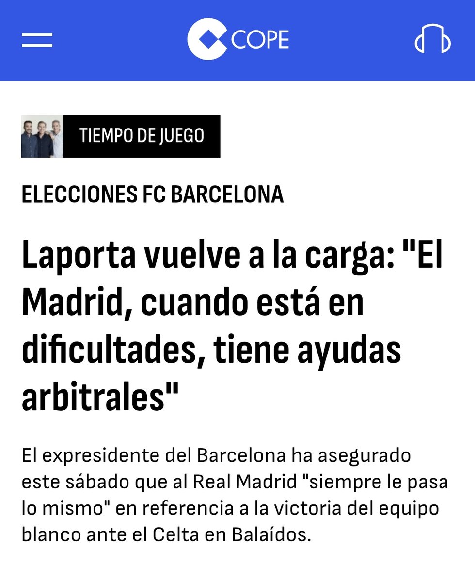 Laporta ha repetido tres veces en los últimos meses que los árbitros prevarican para beneficiar al Real Madrid. Cuando Florentino Pérez mostró los saldos arbitrales en la asamblea de socios, el nuevo sindicato de árbitros españoles (AESAF) emitió inmediatamente un comunicado