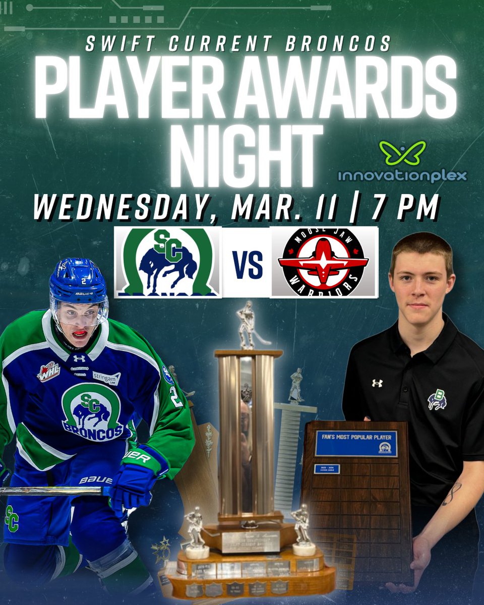 SCBroncos's tweet photo. 🏆 PLAYER AWARDS NIGHT + WIENER WEDNESDAY – TOMORROW NIGHT! 🏒

Join us at the InnovationPlex tomorrow night (Wednesday, March 11) as the Swift Current Broncos take on the Moose Jaw Warriors in another chapter of this great Highway 1 rivalry!

It’s Player Awards Night, where we celebrate the hard work and dedication of our Broncos as some of your favourite players take home the hardware! 🏆👏

Be there to cheer on the Broncos and see who walks away with the awards before we battle the Warriors on home ice!

Plus, enjoy some great game day deals:

🌭 Wiener Wednesday
Hot dog + pop combo for just $6, or grab a hot dog for only $4 all night long!

🍺 Happy Hour (6–7 PM)
Enjoy $6 Great Western beers, wine & highballs before puck drop.

It’s always a battle when Moose Jaw comes to town — don’t miss the action! 🔥

🎟️ Get your tickets at The Stable or online at https://t.co/rcuX5HI0Le

#WeAreAllBroncos #PlayerAwards #WienerWednesday 🏒
