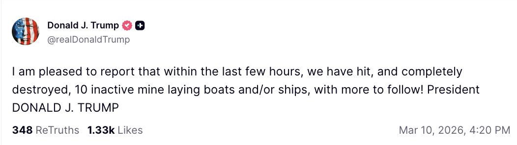 StockMKTNewz's tweet photo. 🇺🇸 President Trump just posted:

"I am pleased to report that within the last few hours, we have hit, and completely destroyed, 10 inactive mine laying boats and/or ships" https://t.co/m54nob39Em