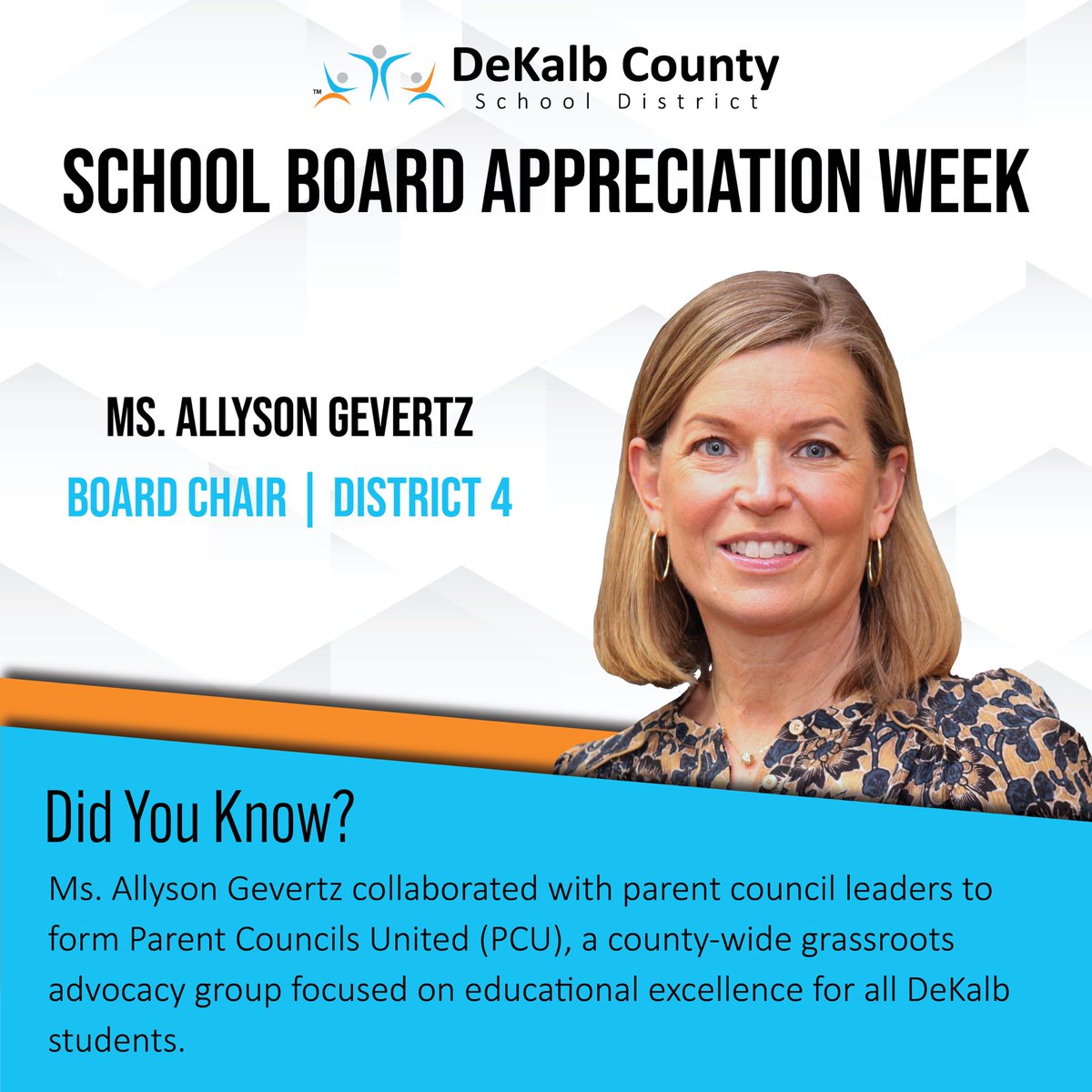 DeKalbSchools's tweet photo. 🌟 #SchoolBoardAppreciationWeek Spotlight: Ms. Allyson Gevertz! 🌟

A former school psychologist and champion for education policy. Did you know? She helped form Parent Councils United (PCU), a grassroots group advocating for student success across DeKalb!

Join us in celebrating Board Chair Ms. Allyson Gevertz for her outstanding commitment to DeKalb County students! 👏👏👏

📍 Find your BOE member: https://t.co/45GbUlncqQ

#TheDeKalbDifference💙🧡
