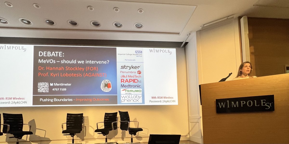 SomaBanerjee73's tweet image. #MeVO debate at #ITS2026 ⁦@ImpThrombectomy⁩ between Dr Hannah Stockley and Dr Kyri Lobotesis. Great discussion points. @StrokeImperial