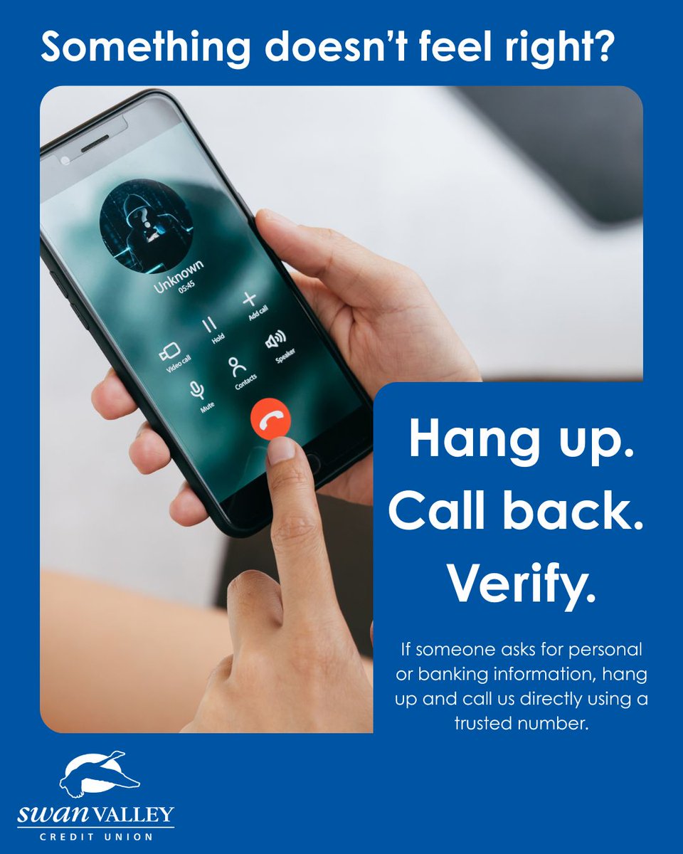 🚨 Fraud Prevention Month

Scammers often create panic to get you to act fast. If you receive a suspicious call asking for money or personal information, don’t feel pressured to stay on the line.

Hang up. Verify the story. Protect yourself.

1l.ink/GHDJCG8