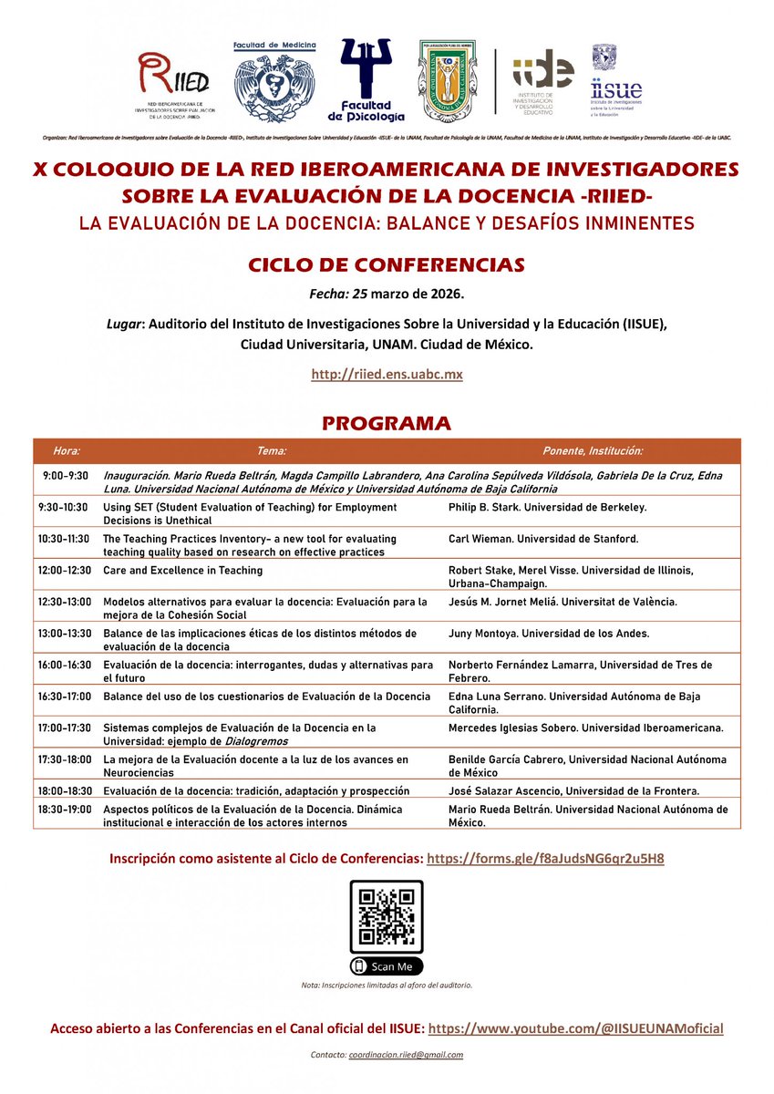 X Coloquio de la Red Iberoamericana de Investigadores sobre la Evaluación de la Docencia (RIIED).

Del 25 al 27 de marzo de 2026, especialistas se reunirán  para reflexionar sobre “La evaluación de la docencia: balance y desafíos inminentes”.

#RIIED #EvaluaciónDocente #IIDEUABC