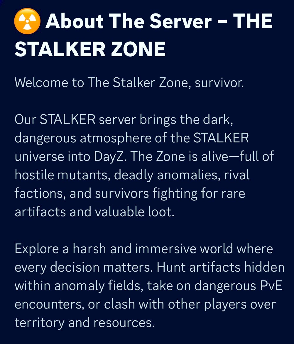 🚨In Development 🚨
The Stalker Zone PvPvE Survival Server!

Join the discord to stay up to date on development and opening date. Discord link in bio.