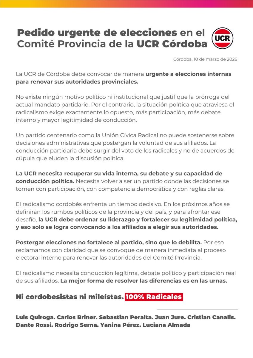 La UCR no se ordena con prórrogas.
Se ordena con votos.

Pedimos elecciones internas en el radicalismo cordobés para renovar autoridades y devolverle al partido debate, participación y legitimidad.

Las diferencias se resuelven en las urnas.

100% radicales.