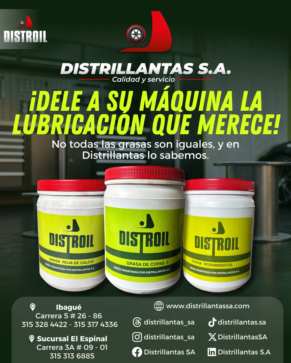 DistrillantasSA's tweet photo. ¿Busca rendimiento real? Con la línea premium de Distroil.🛠️⚙️

🔴 Roja de Calcio: Imbatible contra el agua y la humedad.
🟢 Grasa de Copas 3: Versatilidad y suavidad total en cada uso.
🟡 Rodamientos: Máxima resistencia al calor para giros sin pausa.

#distroil #grasalubricante https://t.co/5BTByg5wxv