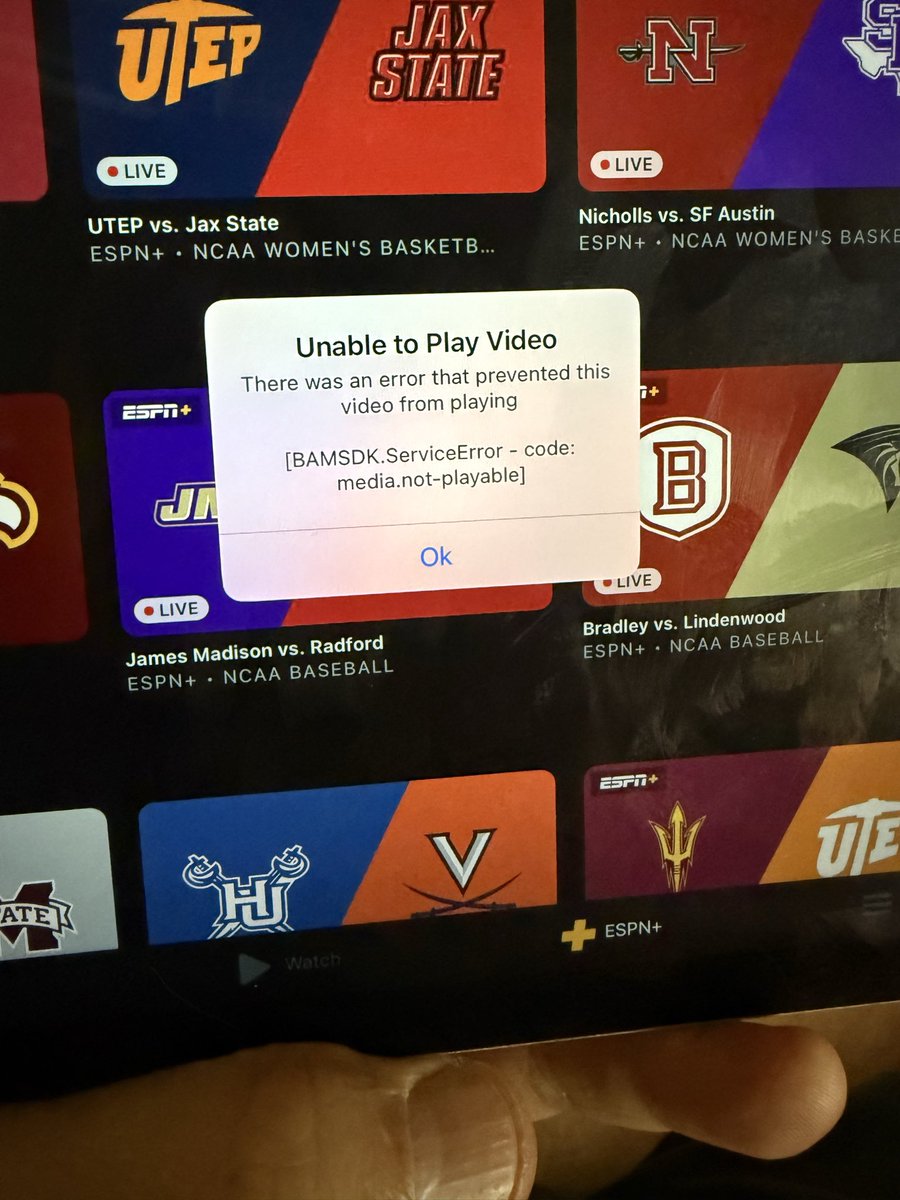 Sinsinnatus's tweet photo. @ESPNFANSUPPORT @espn HELP!!!  I’ve been paying for your service for a year to get college baseball but now I’ve got this 

WHAT DOES THIS MEAN &amp; how do I fix it???? https://t.co/b5CGUDeiac