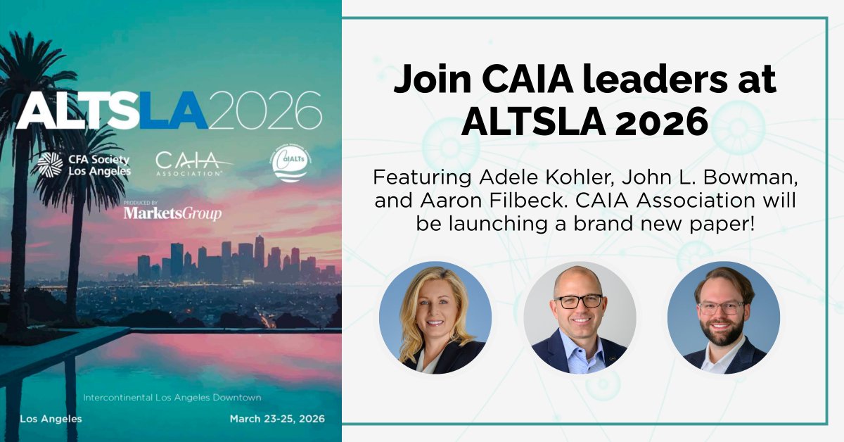 CAIAAssociation's tweet photo. Are you ready for #ALTSLA? CAIA leaders Adele Kohler, @BowmanJohnL, and @filbeck_a are. Not only will there be incredible panels and networking, CAIA Association will be launching a brand new paper! This will be the culmination of hard work, research, and excitement. You won't want to miss it.
We also want to give the CAIA community around the world a chance to join in the excitement. As the new paper drops in LA, we’ll be hosting three webinars across EMEA, APAC, and AMRS for a look at report’s most important insights.
Register here for ALTSLA: https://t.co/FZMDUOSfes