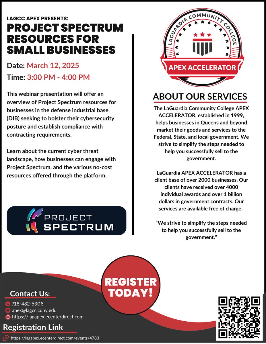 LaGuardiaAPEX's tweet image. Project Spectrum Resources for Small Businesses

Join this session to learn about the current cyber threat landscape, how to engage with Project Spectrum, and tools that can help your business.

#GovCon #Cybersecurity #DefenseIndustry #SmallBusiness #APEXAccelerator