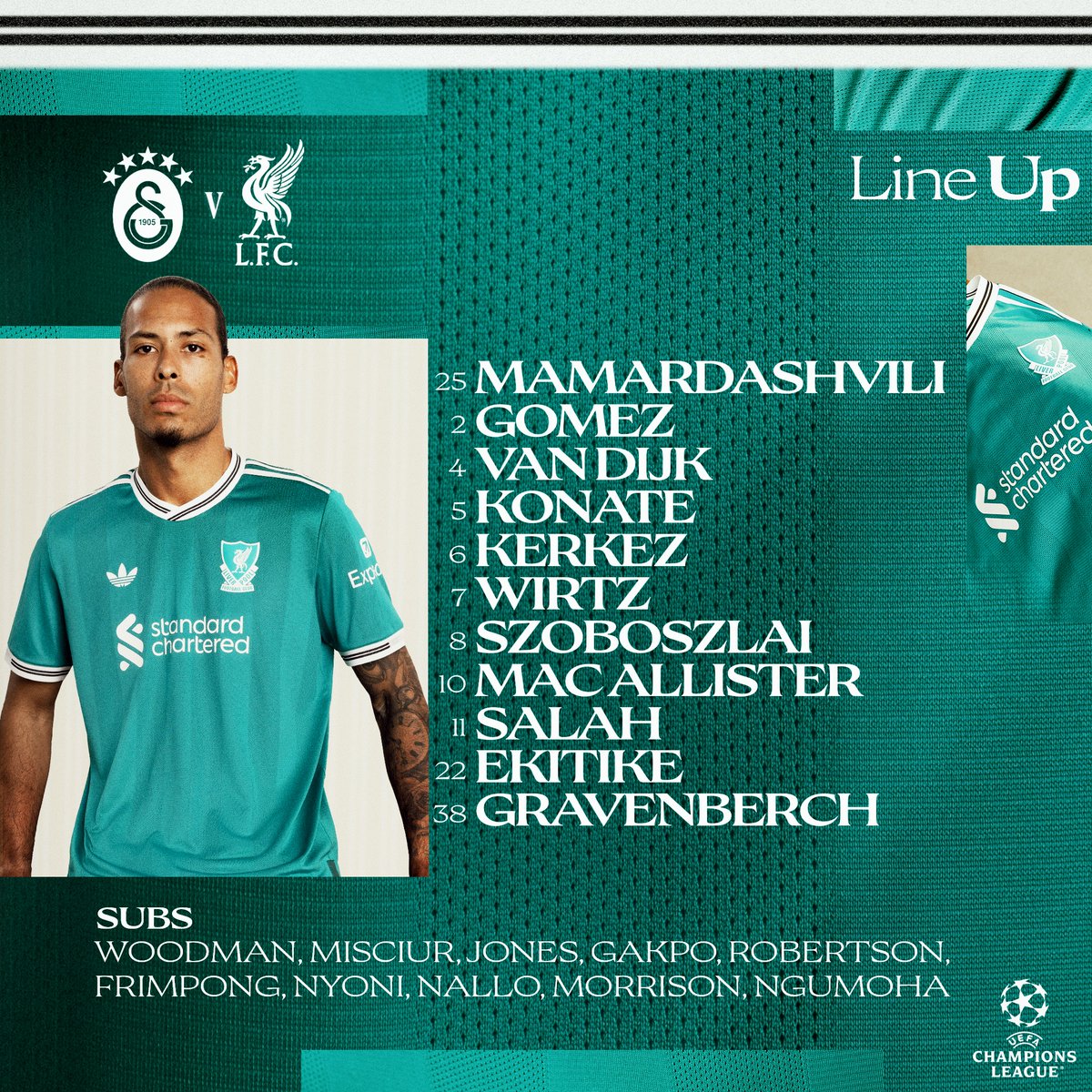 LFC's tweet photo. Our side to take on Galatasaray 📋 #UCL