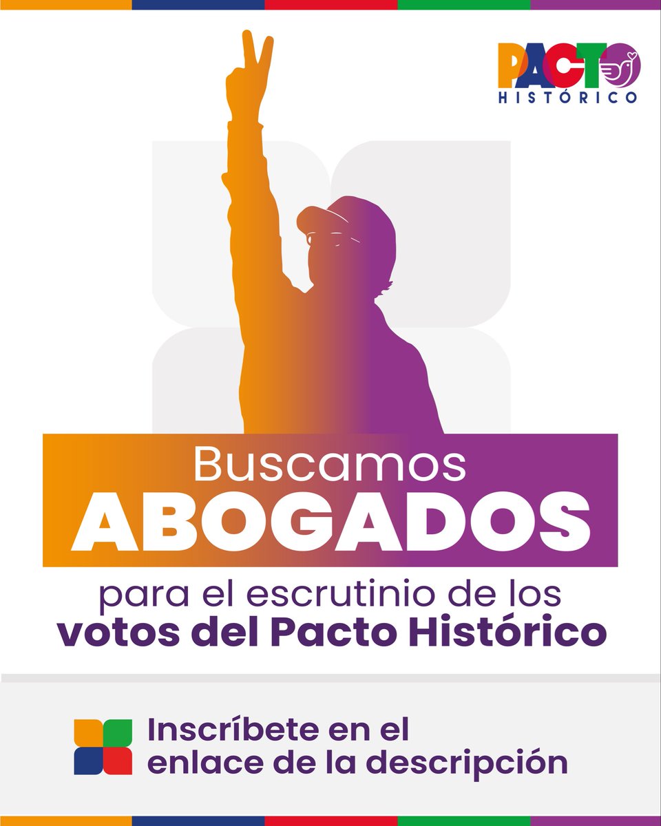 #Urgente | Buscamos abogados con tarjeta profesional que quieran apoyarnos en el escrutinio de los votos del Pacto Histórico ante las envidencias de irregularidades en el proceso electoral. 

Inscríbete en movimientopactohistorico.co/r/abogados2026