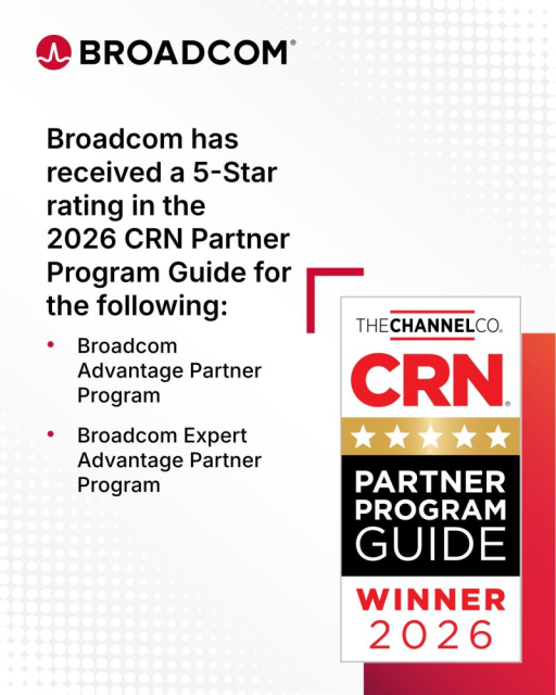 PabloGlezArango's tweet photo. Broadcom is honored to be recognized by CRN®️, with a 5‑star rating in the 2026 CRN®️ Partner Program Guide. 💫 This recognition celebrates the Broadcom Advantage Partner Program and Broadcom Expert https://t.co/f5helPouLX https://t.co/uBaCvabOM8