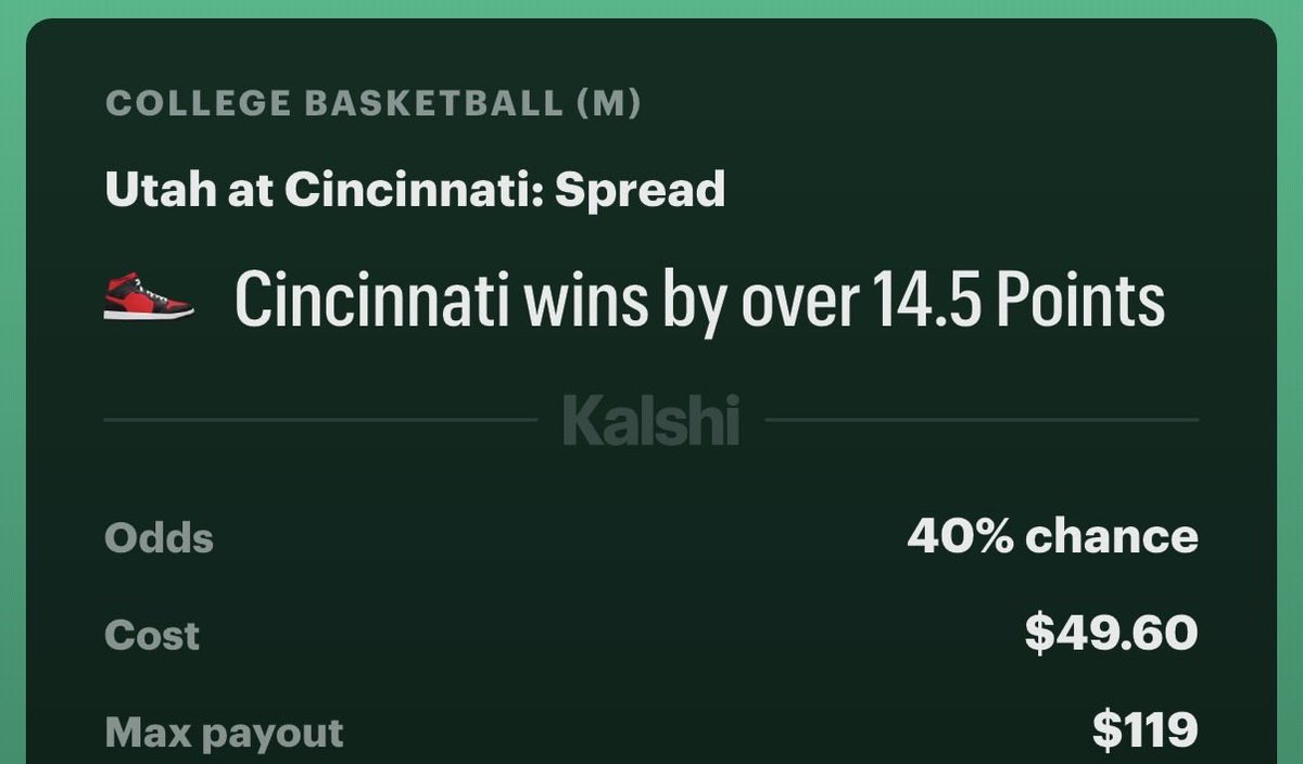 bookies's tweet photo. Cincinnati -14.5 (+143)🏀 
Bet it on Kalshi!

Cincinnati has been dominant at home and should control the pace with their defense and rebounding. 

Great spot here!

💰 $50 GIVEAWAY - RT, share with 1 person &amp; follow to enter!

Signup!
https://t.co/KDb8rcSrp0 https://t.co/r5nWOKm8tb