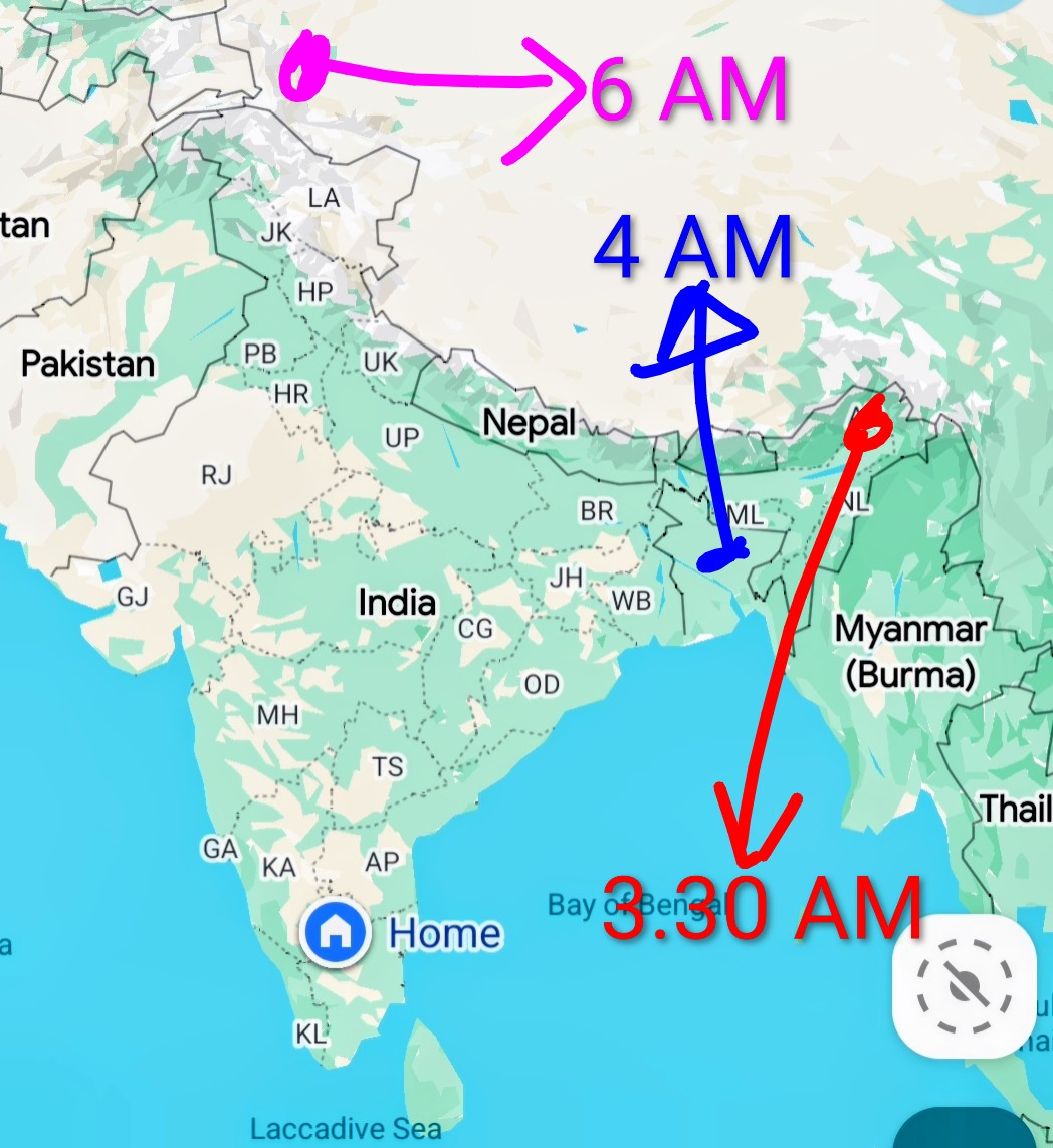 The time zones are messed up in Asia..

When it is 3.30 AM in Arunachal Pradesh in India, it is already 4 AM in Dhaka of Bangladesh, and 6 AM in Xinjiang, China, far west of Arunachal!