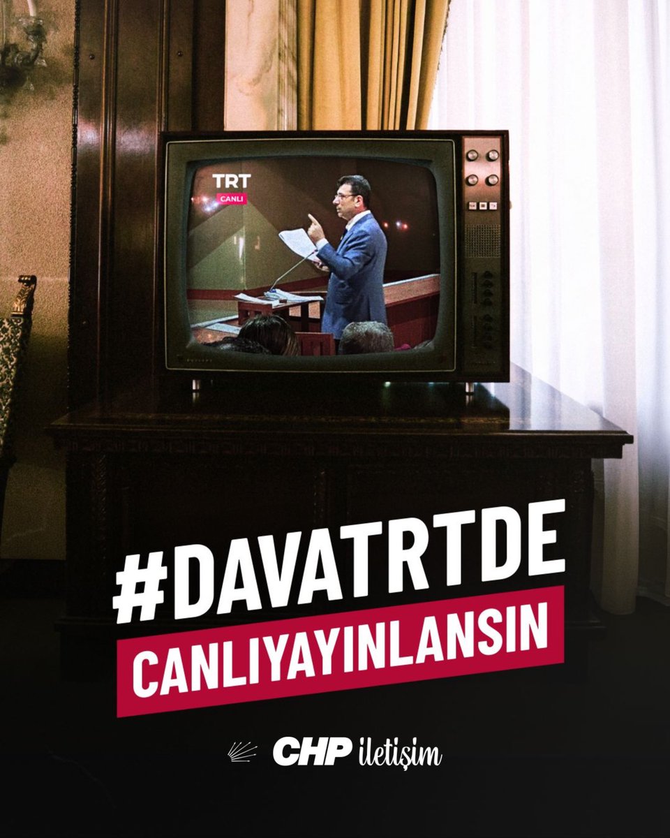 İddialarınıza güveniyorsanız korkmayın, biz Cumhurbaşkanı Adayımız Ekrem İmamoğlu’na ve yol arkadaşlarına güveniyoruz.

#DavaTRTdeCanlıYayınlansın