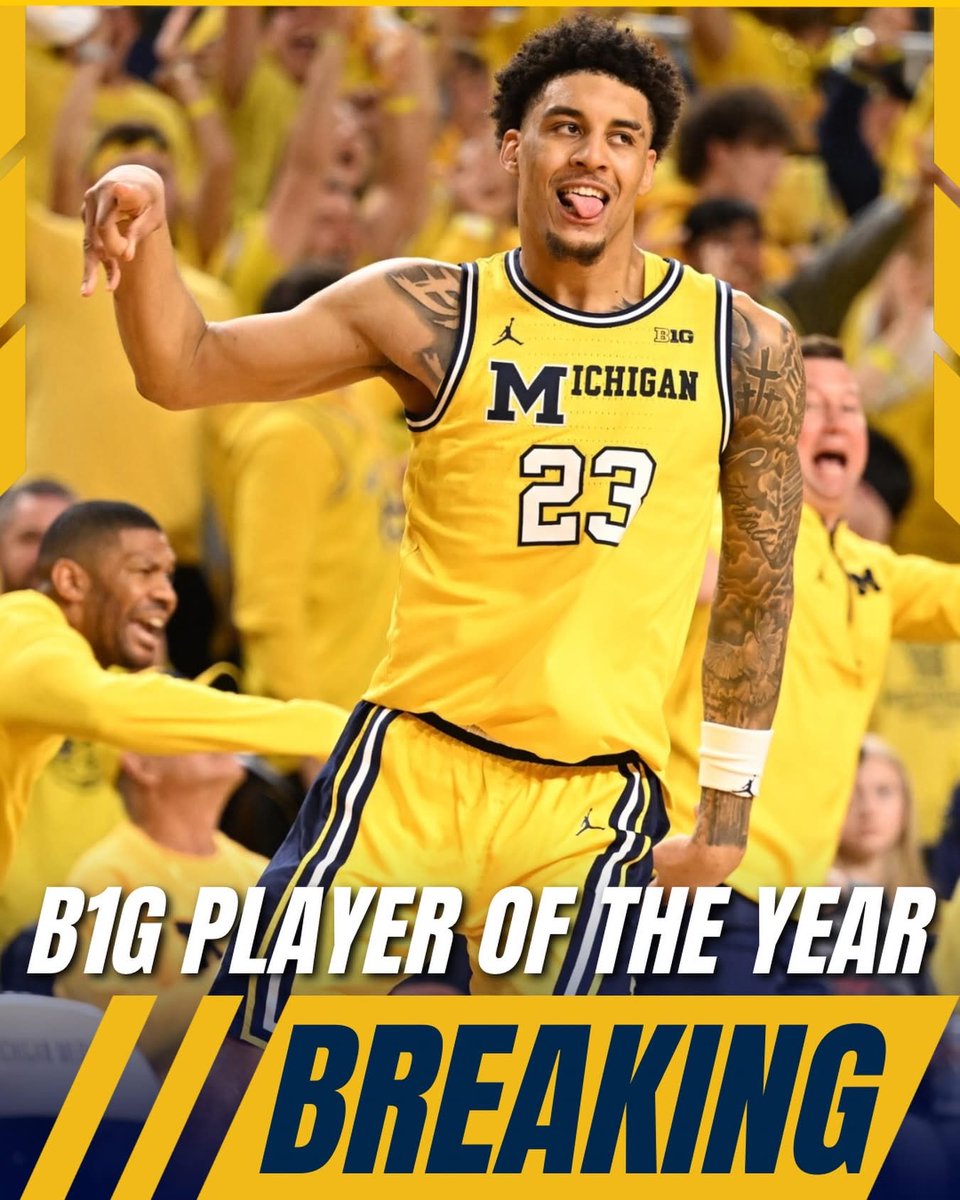 agrashuis's tweet photo. The sweeps continue!!

Player of the Year: Yaxel Lendeborg

Coach of the Year: Dusty May

Defensive Player of the Year: Aday Mara
@umichbball @BarstoolUofM https://t.co/Vkv7hGTPKJ