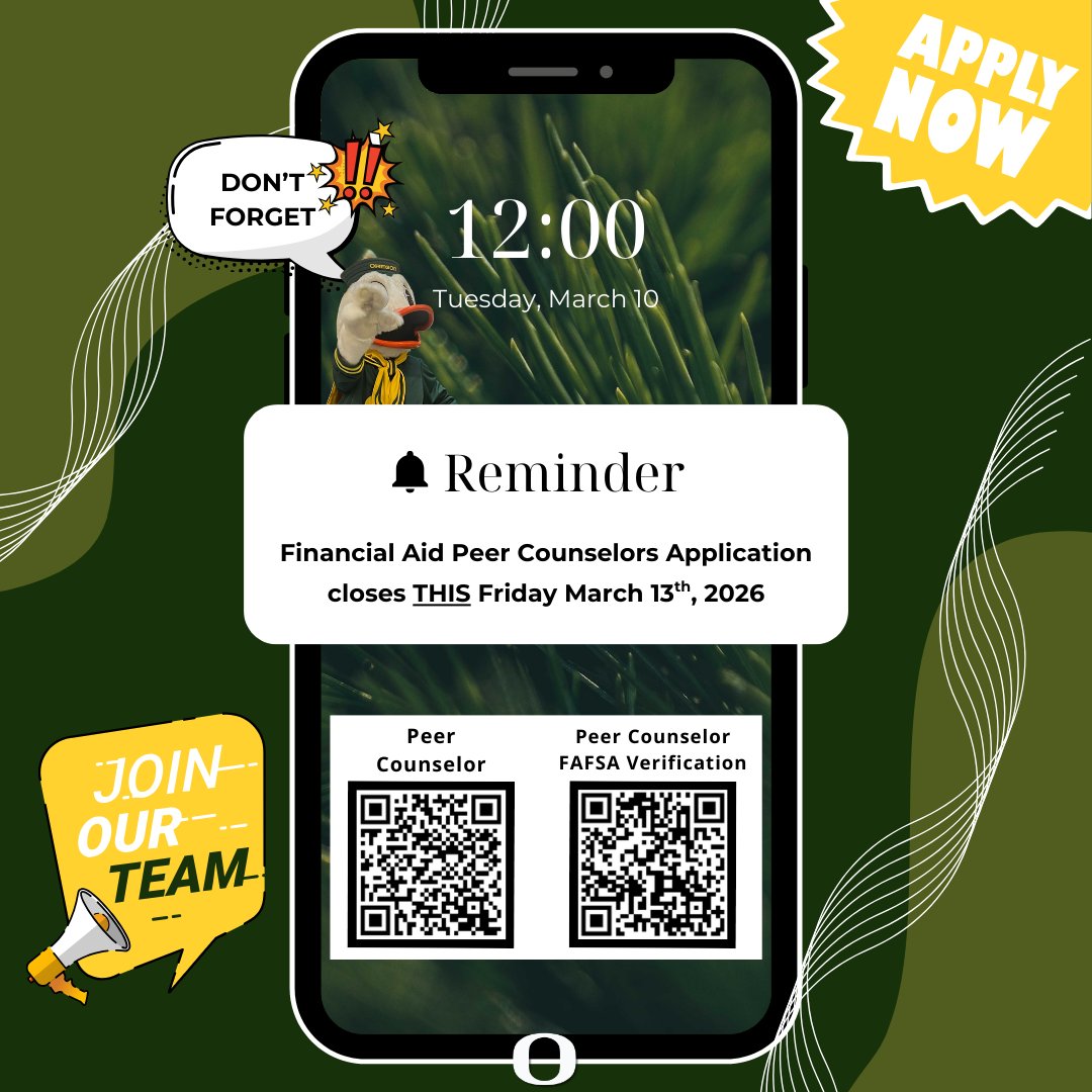 UOregonFinAid's tweet image. If you’ve been thinking about applying to be a Peer Counselor with the Office of Financial Aid &amp;amp; Scholarships, now’s the time. Applications close this Friday, March 13, 2026 — we’d love to see yours! 💚 #uoregon #OSFAS #nowhiring #apply #peercounselor