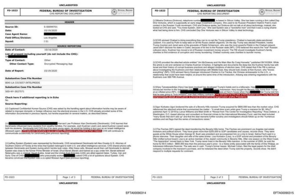 drhossamsamy65's tweet image. FBI | 🇺🇸🇮🇱 A source claims that Donald Trump was “compromised by Israel,” and Jared Kushner (Trump’s son-in-law) is the “real brain” behind his organization and presidency, manipulating him in the interest of Israeli influence.

The documents suggest links to Chabad-Lubavitch - a