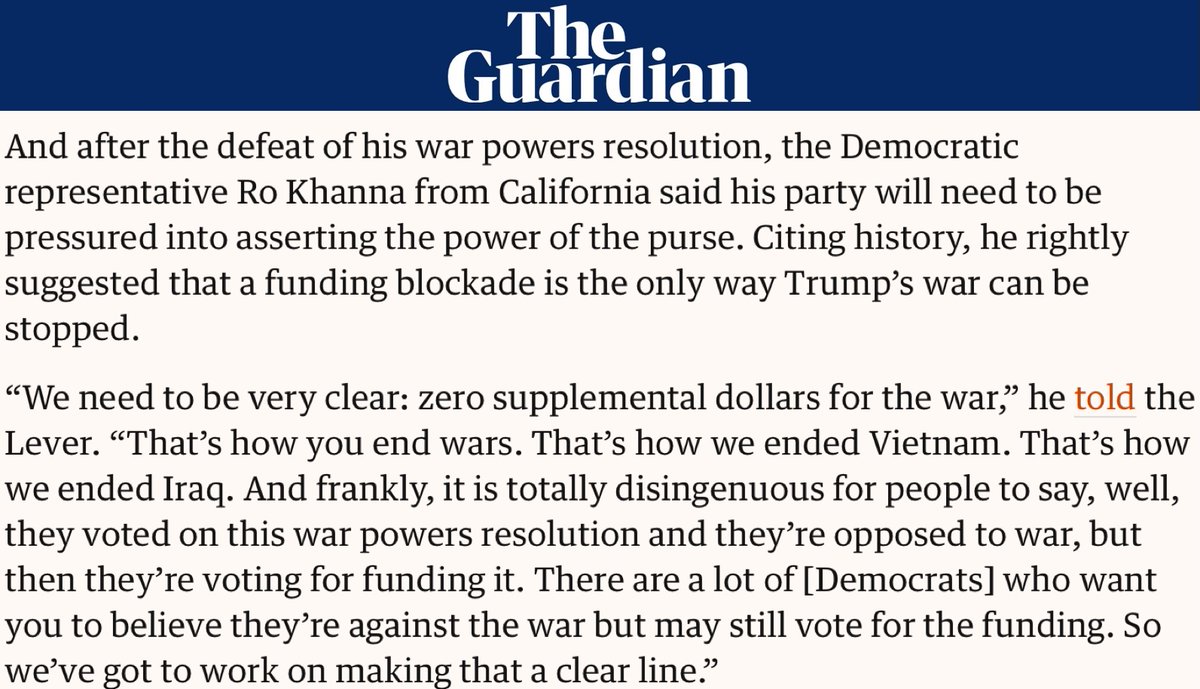 Here is <a href="/RoKhanna/">Ro Khanna</a> explicitly calling out Democrats who are trying to pretend to be against Trump's Iran War but who suggest they may vote to fund that war.