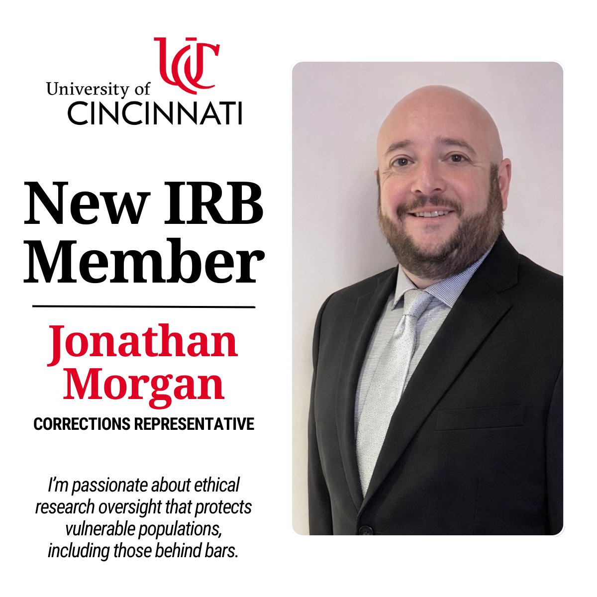 jjmorgannet's tweet photo. I’m honored to announce that I have joined the @uofcincy IRB as the Corrections Representative.

#HigherEd #ResearchEthics #ReviewBoard #IRB #JusticeReform #Bearcats #Cincy #Cincinnati #CriminalJustice #Research #Ethics https://t.co/Gq0wFe2A7t