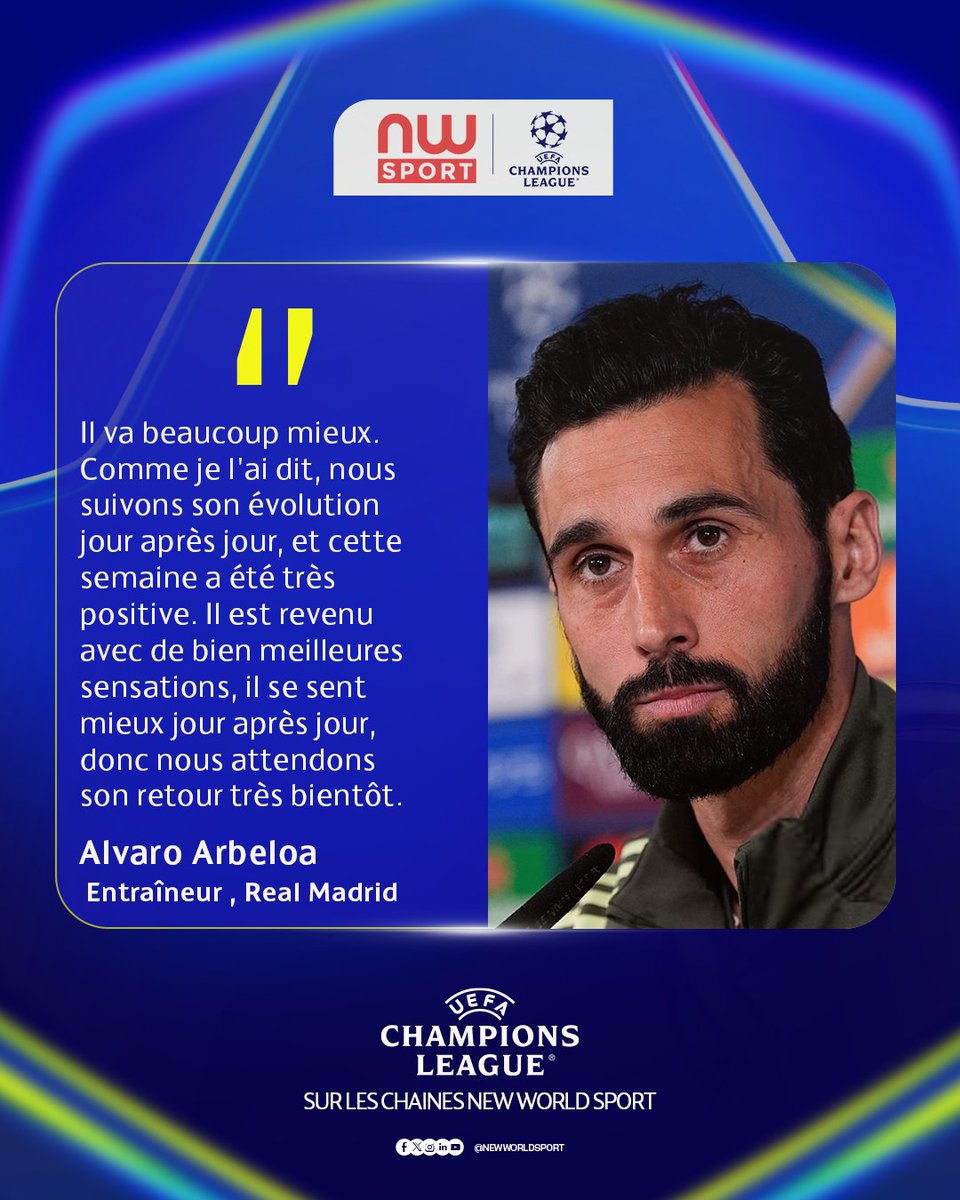 New_World_Sport's tweet photo. Álvaro Arbeloa donne des nouvelles de Kylian Mbappé. Absent lors du barrage retour face à Benfica, l’attaquant français manquera également la réception de Manchester City ce mercredi.

#infosport #newworldsport #LDC #sports https://t.co/BQfSCij2cU