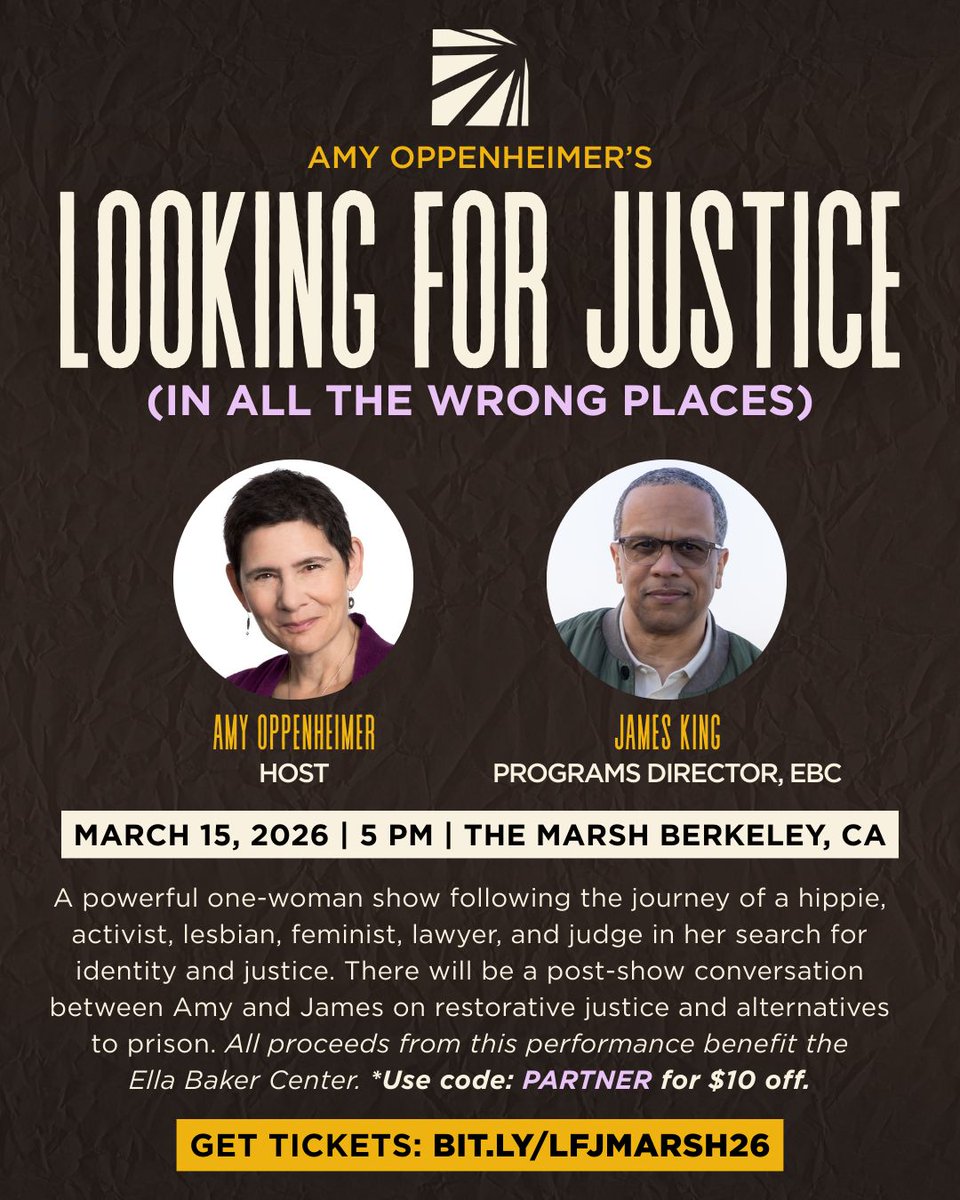 ellabakercenter's tweet photo. Join us on 3/15 for a special performance of Looking for Justice (in all the wrong places)🎭, supporting the Ella Baker Center. 

All proceeds from this show will benefit EBC.
Get $10 OFF tickets with the code PARTNER at checkout
🎟️: https://t.co/fVFc6WGqya 

#restorativejustice https://t.co/agusU9rAab