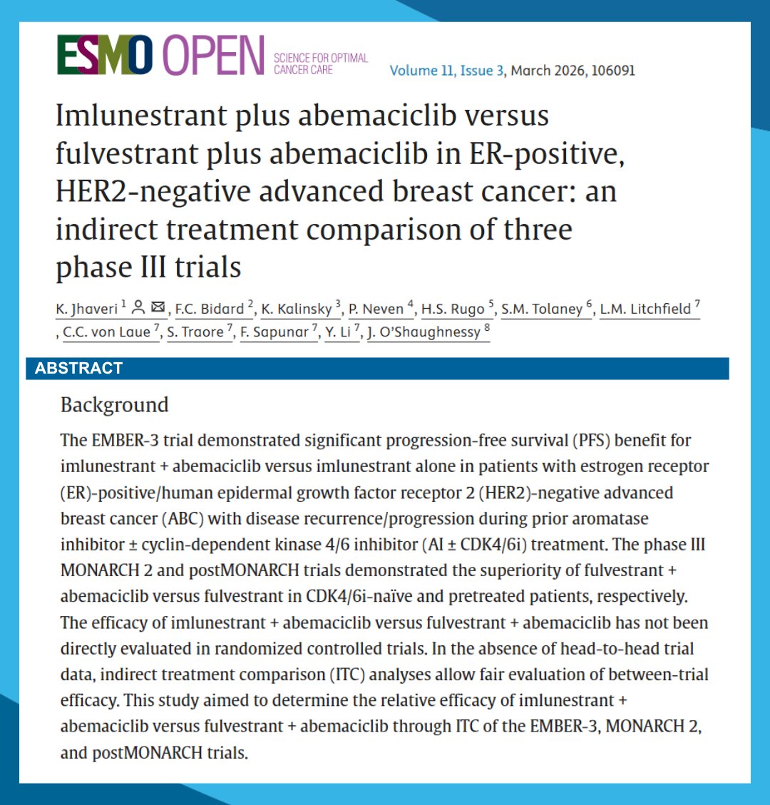 DFCI_BreastOnc's tweet photo. New @ESMO_Open 📰Imlunestrant plus abemaciclib versus fulvestrant plus abemaciclib in ER-positive, HER2-negative advanced #BreastCancer: an indirect treatment comparison of three phase III trials
🔓https://t.co/L9TFAuapZM
@jhaveri_komal @hoperugo @stolaney1 https://t.co/bF2IHSh6RL
